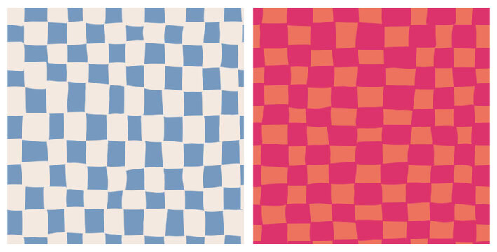 Set of irregular colorful check seamless repeat pattern. Vector, rectangled geometric shapes, grid aop all over surface print in blue white and orange pink.