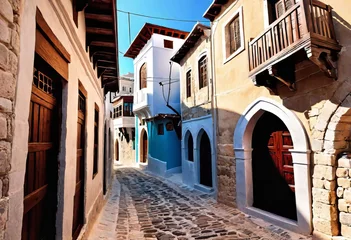 Zelfklevend Fotobehang Ancient eastern narrow streets of the beautiful Kukort Muslim city on the shores of the Mediterranean Sea, tourist attractions in Turkey, © Perecciv