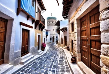 Poster Ancient eastern narrow streets of the beautiful Kukort Muslim city on the shores of the Mediterranean Sea, tourist attractions in Turkey, © Perecciv