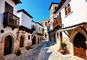 Fototapeta na wymiar Ancient eastern narrow streets of the beautiful Kukort Muslim city on the shores of the Mediterranean Sea, tourist attractions in Turkey,