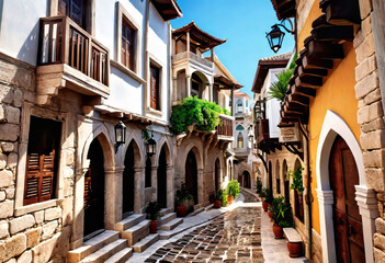 Fototapeta na wymiar Ancient eastern narrow streets of the beautiful Kukort Muslim city on the shores of the Mediterranean Sea, tourist attractions in Turkey,