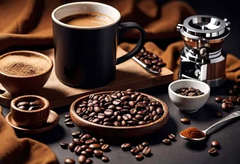 Foto op Aluminium mood board for coffee, typography, coffee beans and coffee accessories, banner for a coffee shop, © Perecciv