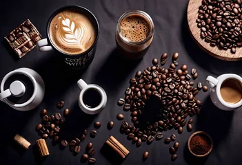 Foto op Plexiglas mood board for coffee, typography, coffee beans and coffee accessories, banner for a coffee shop, © Perecciv