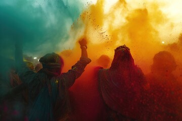 Holi Festival. , a vibrant landscape exploding with colors as people celebrate Holi, emphasizing the joy, unity, and inclusiveness of the festival. - obrazy, fototapety, plakaty
