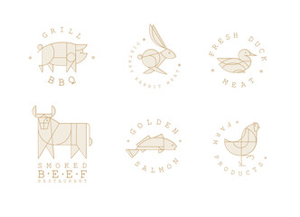 Animal labels in art deco linear style with lettering grill bbq, fresh meat, smoked beef restaurant, golden salmon, farm products drawing on light background