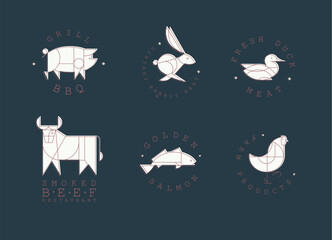 Animal labels in art deco linear style with lettering grill bbq, fresh meat, smoked beef restaurant, golden salmon, farm products drawing on blue background