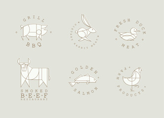 Animal labels in art deco linear style with lettering grill bbq, fresh meat, smoked beef restaurant, golden salmon, farm products drawing on beige background