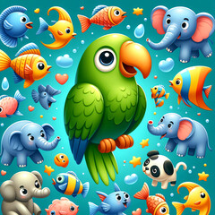 Brightly coloured illustration of a green parrot with yellow beak with friendly animal faces on toys including elephant, fish, puppy.