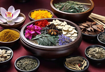 Fototapeta na wymiar Assortment of traditional Chinese herbal medicines with blank copy space, traditional medicine, herbal medicine,