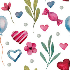 Seamless pattern with watercolor hearts, flowers, blue balloon and pearl. Hand drawn romantic art for valentine's day, lovers cards, wedding design