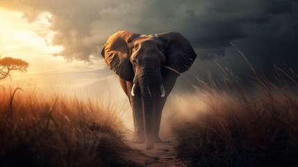 Big elephant walking in savannah, dramatic stormy sky