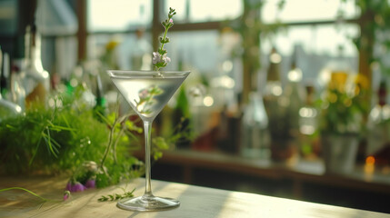 Cocktail glass with clear herbal infusion, aromatic herbs in the background - obrazy, fototapety, plakaty