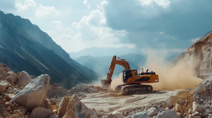 excavator or earthmoving works outdoors at construction site.