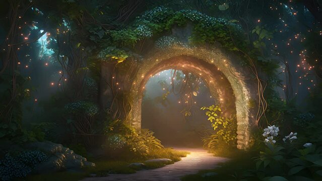 arch in an enchanted fairy forest landscape. Created with Generative AI.
