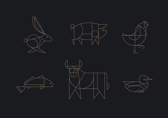 Animals rabbit, pig, chicken, fish, cow, duck drawing in art deco linear style on black background