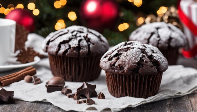 Three chocolate cupcakes with white frosting on a table