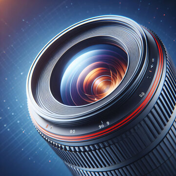 Close up of high quality professional DSLR telephoto lens with red stripe and technology concept background