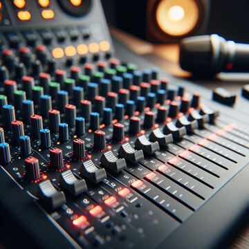 Close of faders on professional audio mxing desk in radio production studio
