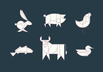 Animals rabbit, pig, chicken, fish, cow, duck drawing in art deco linear style on blue background