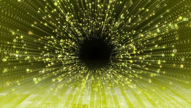 Yellow color glitter particles technology background, sci-fi tunnel in dark cyber space 