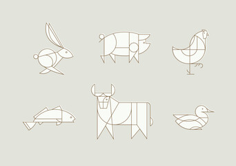 Animals rabbit, pig, chicken, fish, cow, duck drawing in art deco linear style on beige background - 733275180