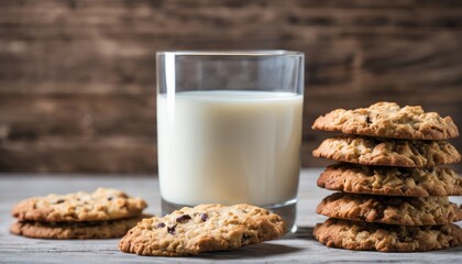 A glass of milk and a stack of cookies on a table