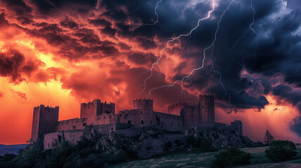 Fototapeta premium Ruins of a medieval castle, dramatic light, thunderstorm