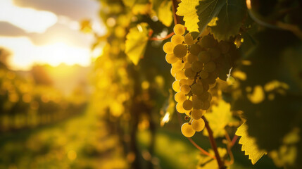 White grape clusters on vines ready for harvesting - obrazy, fototapety, plakaty