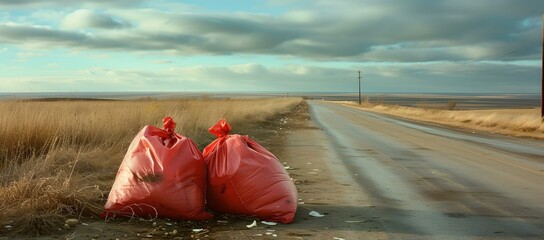 Two red garbage bags by a rural road under a vast sky. surreal landscape, environmental concept. roadside litter issue captured artistically. AI