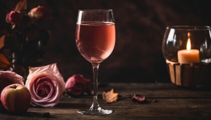 A glass of wine with a candle in the background - obrazy, fototapety, plakaty