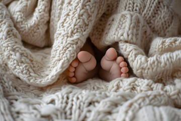 Cute baby feet peeking under a woolen blanket