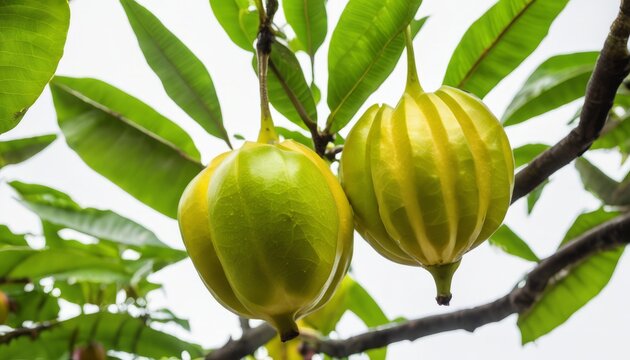 Two green fruits hanging from a tree