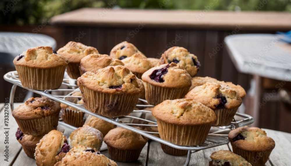 Sticker A tray of muffins with blueberries on a table