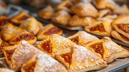 Freshly baked sweet pastries on display. delectable treats for dessert. ideal for food markets and bakery menus. mouthwatering selection in warm light. AI