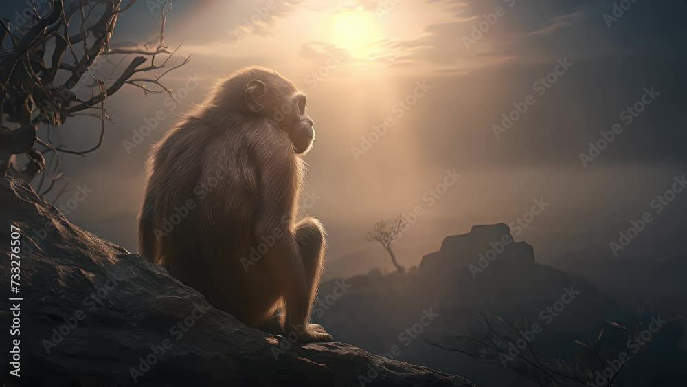 Wall mural monkey close up on a mountain at sunset. portrait of a monkey. created with generative ai.