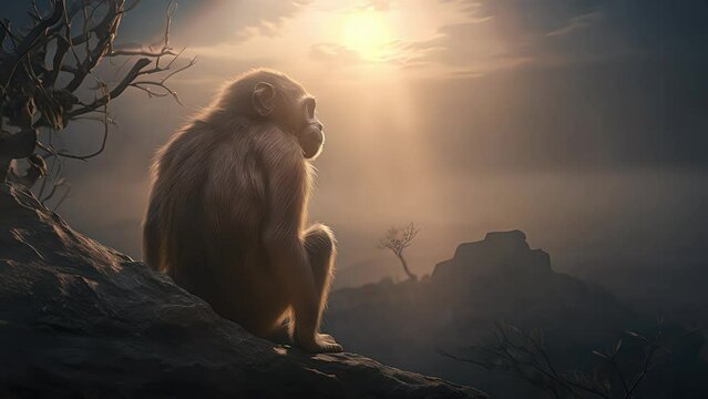 Monkey close up on a mountain at sunset. portrait of a monkey. Created with Generative AI.