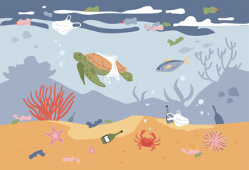Fototapeta na wymiar Fish and tortoise swimming among garbage in ocean vector illustration. Bottles, packages cause harm to marine fauna. Plastic in ocean. Environment, ecology, ocean pollution concept