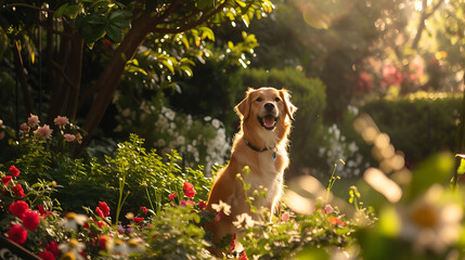 A delightful scene of a happy dog frolicking in a sun-drenched garden, surrounded by colorful...