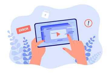 Hands holding smartphones with problems vector illustration. Mobile phone crashing and slowdowning. Error and warning signs on background. Old phone, repair service concept