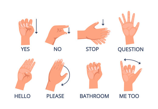 Hand gestures set showing basic words and phrases. Vector illustration. Communication with deaf people. Learning sign language concept