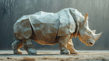 A figure of a rhinoceros made of paper on a gray background - obrazy, fototapety, plakaty
