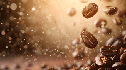Close-up of coffee beans mid-air against a warm, glowing background. freshness and aroma captured in flight. perfect for food and beverage marketing. AI