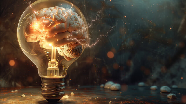 Conceptual image of a brain inside a lightbulb with electrical sparks, creative idea symbol