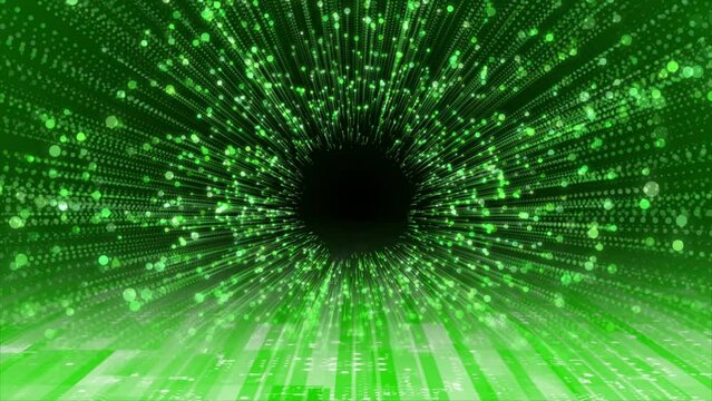 Green color glitter particles technology background, sci-fi tunnel in dark cyber space 