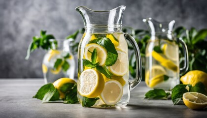 A pitcher of lemonade with lemon slices floating in it