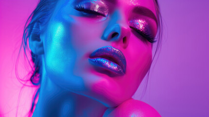 Fashion portrait of young beautiful woman with bright makeup.