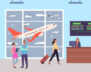 International airport flat vector illustration. Woman with ticket and suitcase going to check-in-counter. Airplane on background. International travel, business trip, tourism concept