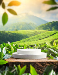 Empty space mockup podium for tea product, blur nature background