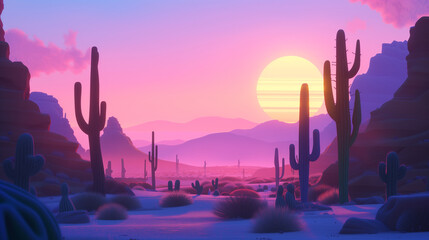 Stylized desert landscape with cacti and mountains at sunset, serene nature scene illustration - obrazy, fototapety, plakaty