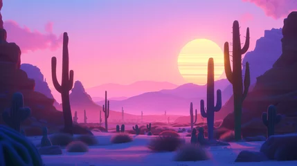 Fototapete Hell-pink Stylized desert landscape with cacti and mountains at sunset, serene nature scene illustration